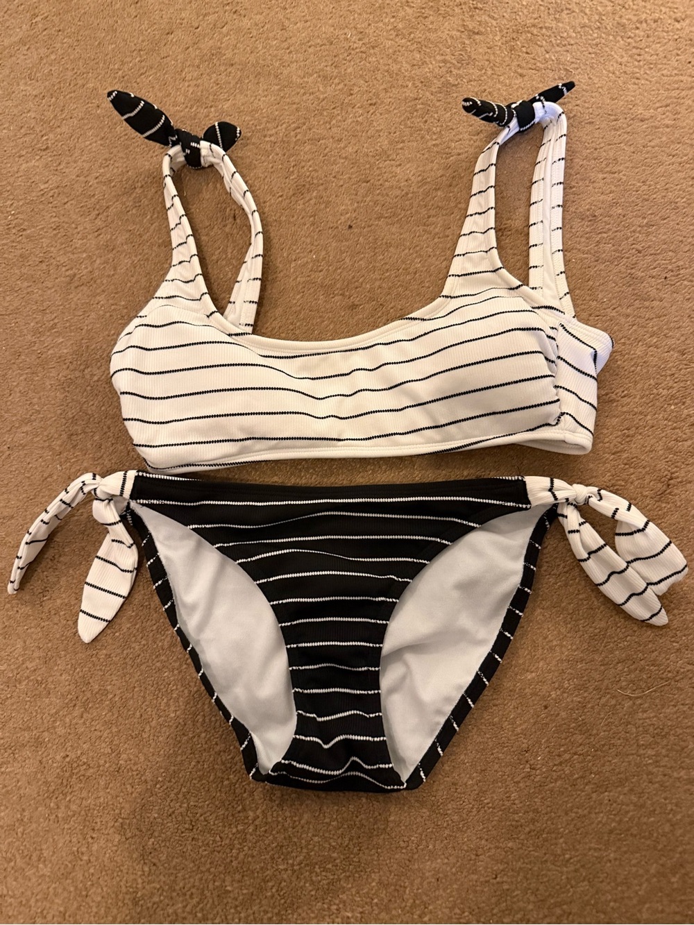 SO Black and White Striped Tie-Side Bikini Set